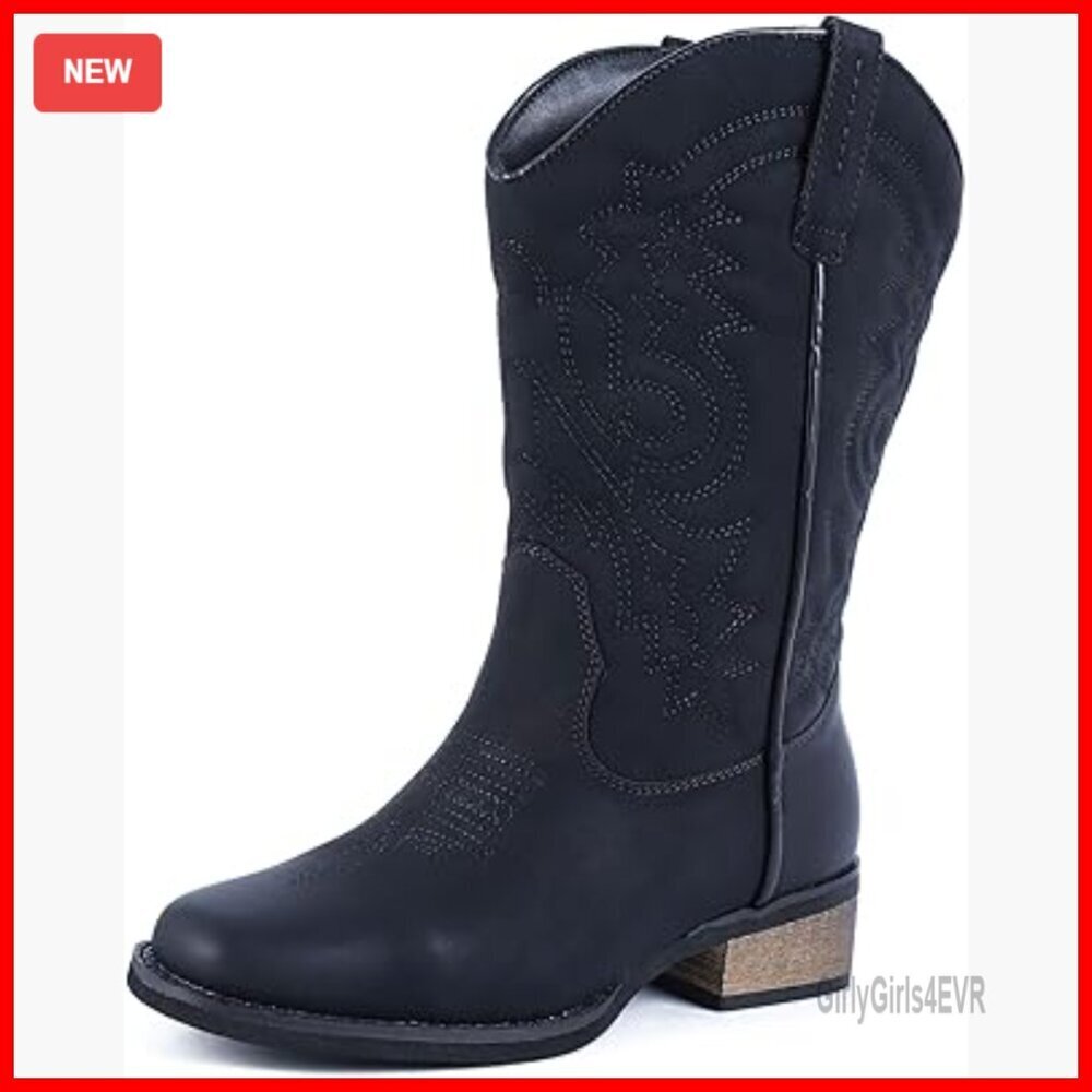 Square Toe Wide Calf Western Boots Low Heel Mid Calf Booties